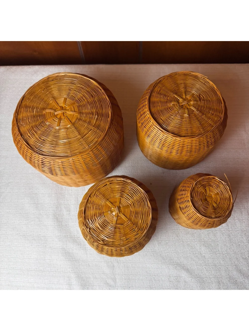 Set of 4 Nesting Wicker Baskets Small Round Woven Rattan Boho Home Decor
